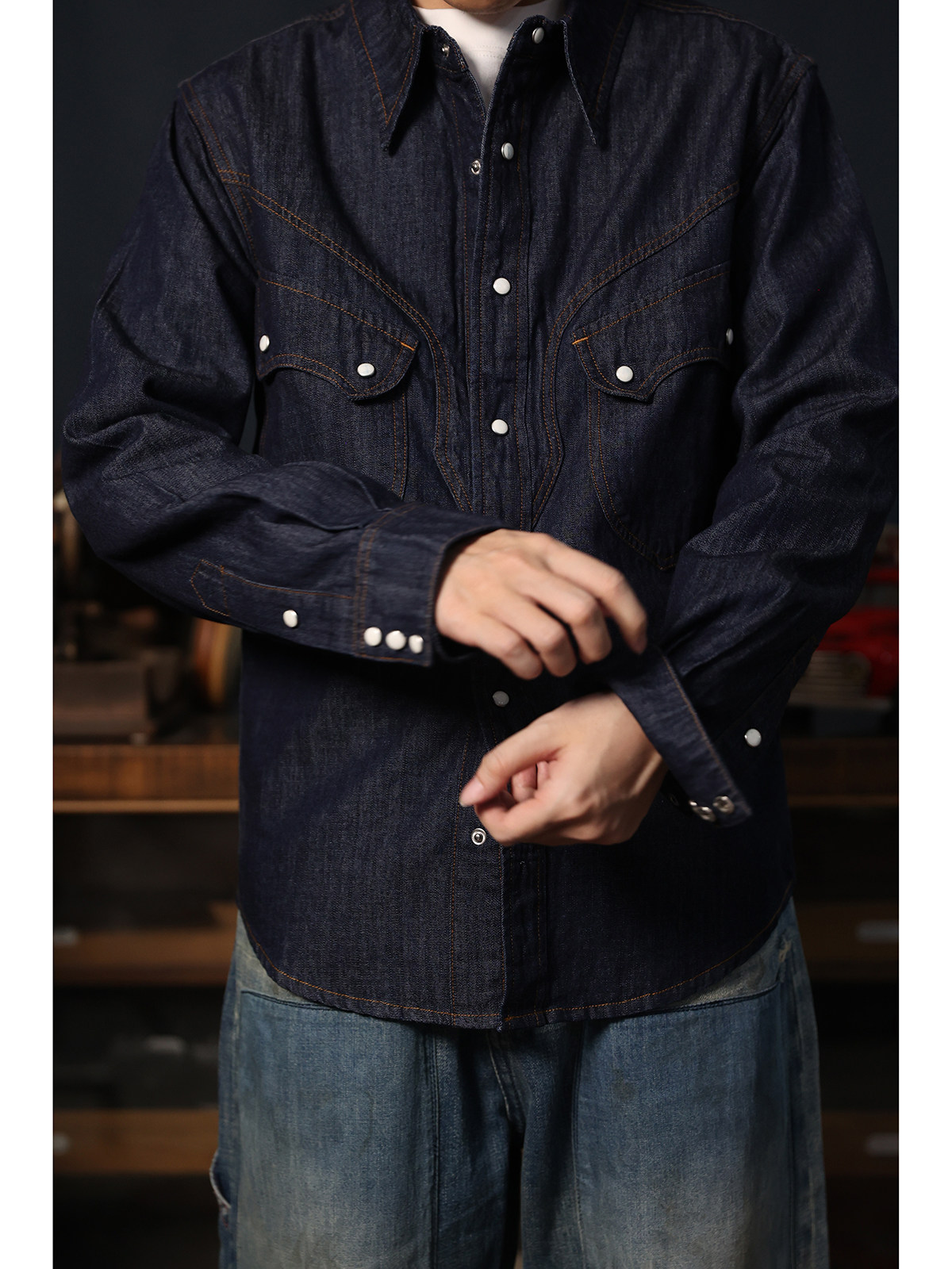 Mens Western Denim Pearl Snap Shirt - Koszula kowbojska westernowa z zapięciem na