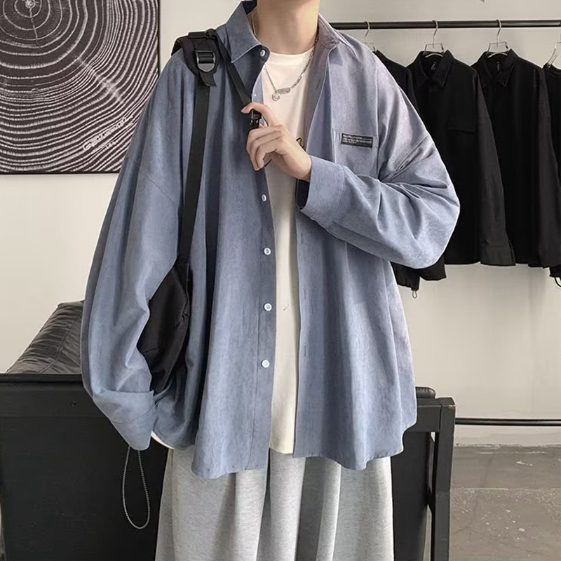 Corduroy Button Up Shirt Men - Koreański mody czarne koszule z długim
