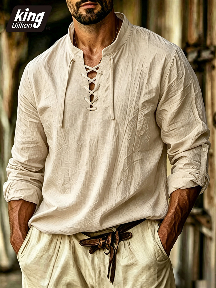 Medieval Gothic Lace Up Pirate Shirt - Męska koszulka z dekoltem w serek