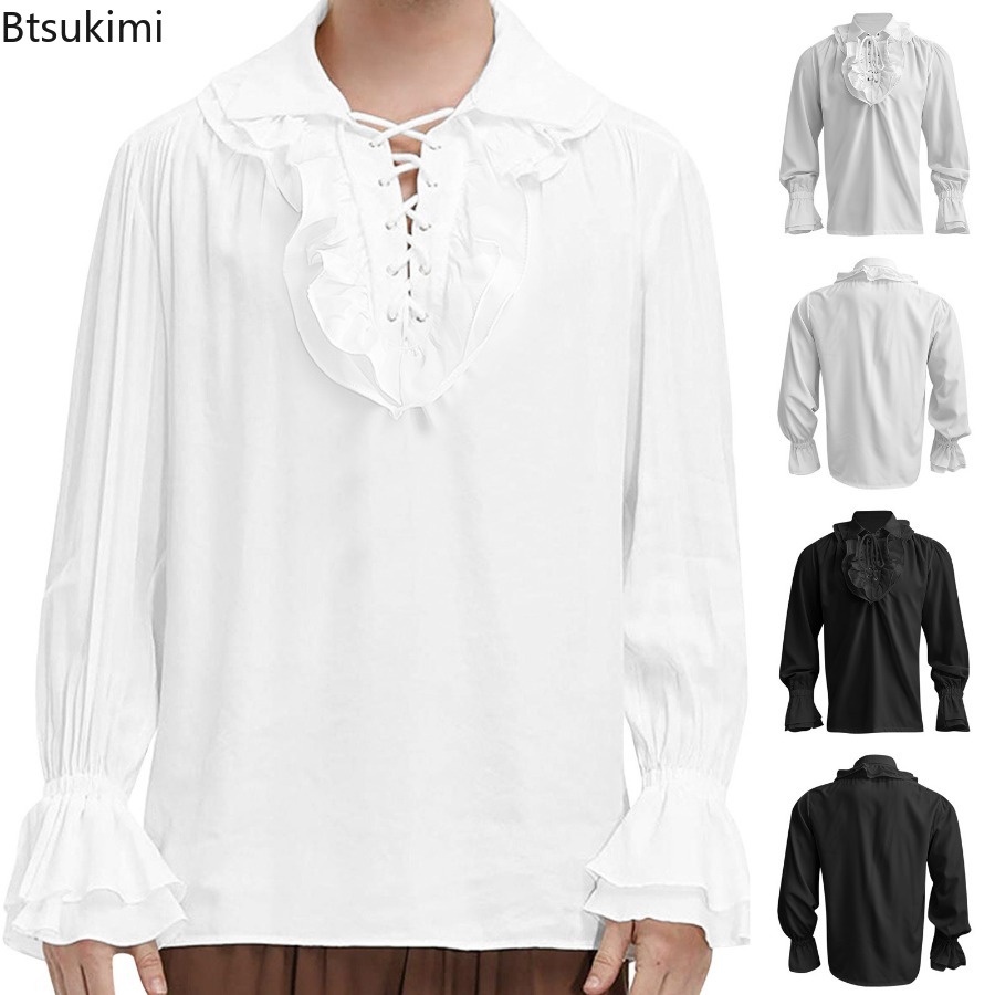Medieval Gothic Lace Up Pirate Shirt - Męska średniowieczna renesansowa koszula piracka wiktoriańskie