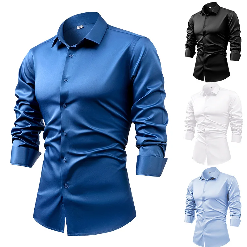 2024 Wiosna Jesień Królewski N – Mens Satin Silk Dress Shirt recenzja i cena