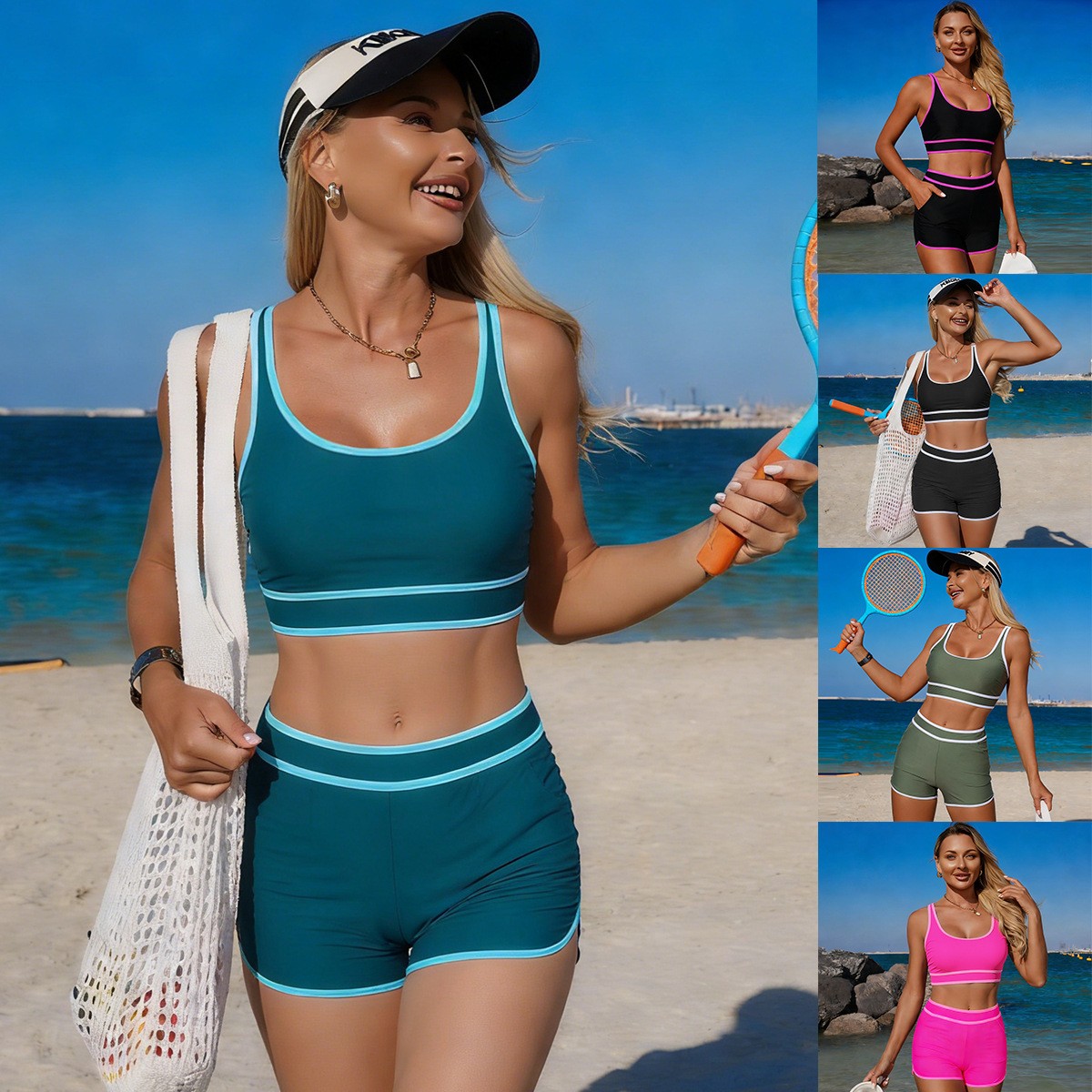 Oliwkowozielone bikini, bezręk – Shorts recenzja i cena